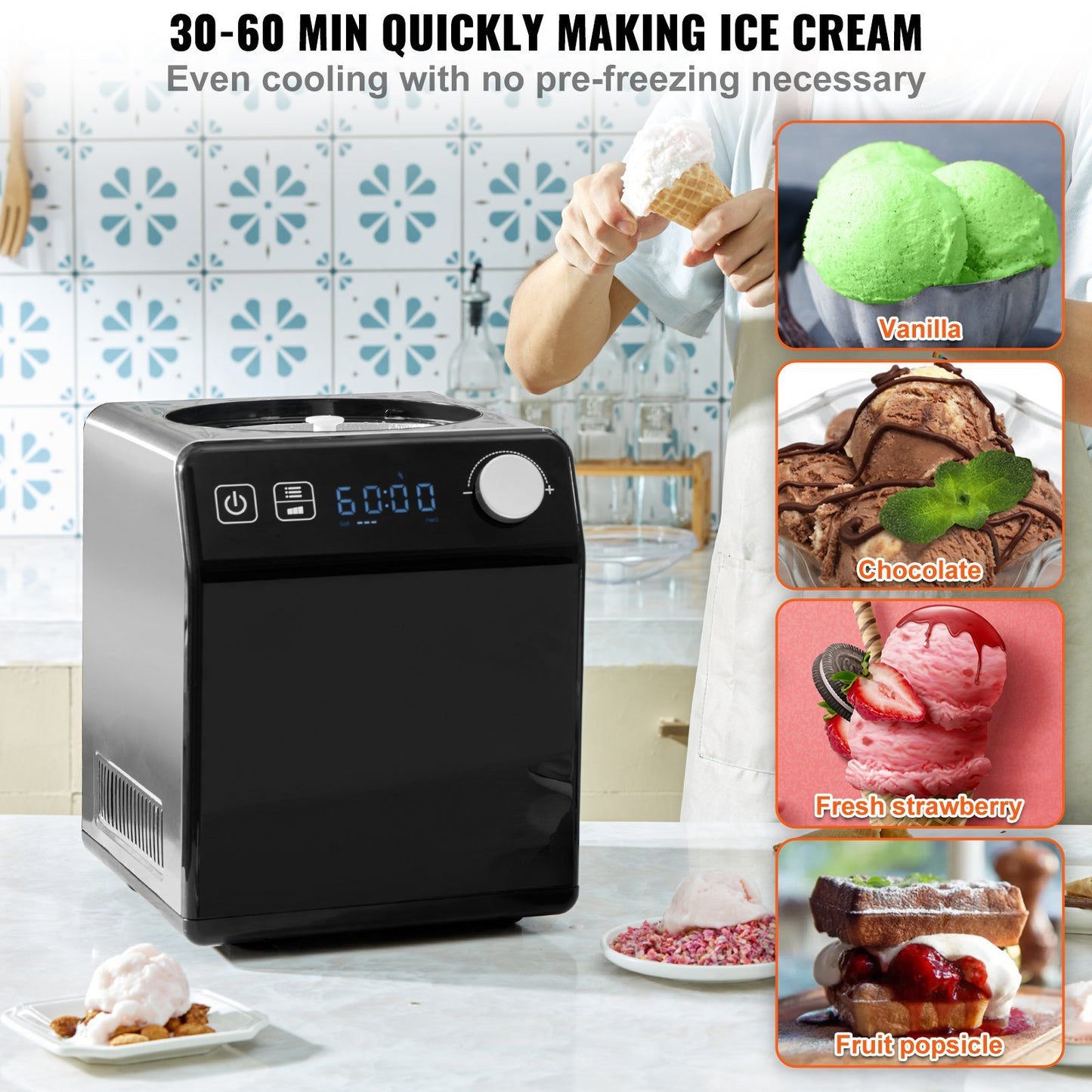 Upright Automatic Ice Cream Maker With Built-in Compressor, 2 Quart No Pre-freezing Fruit Yogurt Machine, Stainless Steel Electric Sorbet Maker, 4 Modes Gelato Maker With Digital Display  Timer