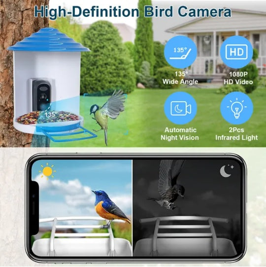 US Local Smart Bird Feeder With Solar Powered Camera 1080P HD AI Identify PIR Motion Auto Capture Video Cloud Card Storage WiFi Connection App Control IP65 Waterproof