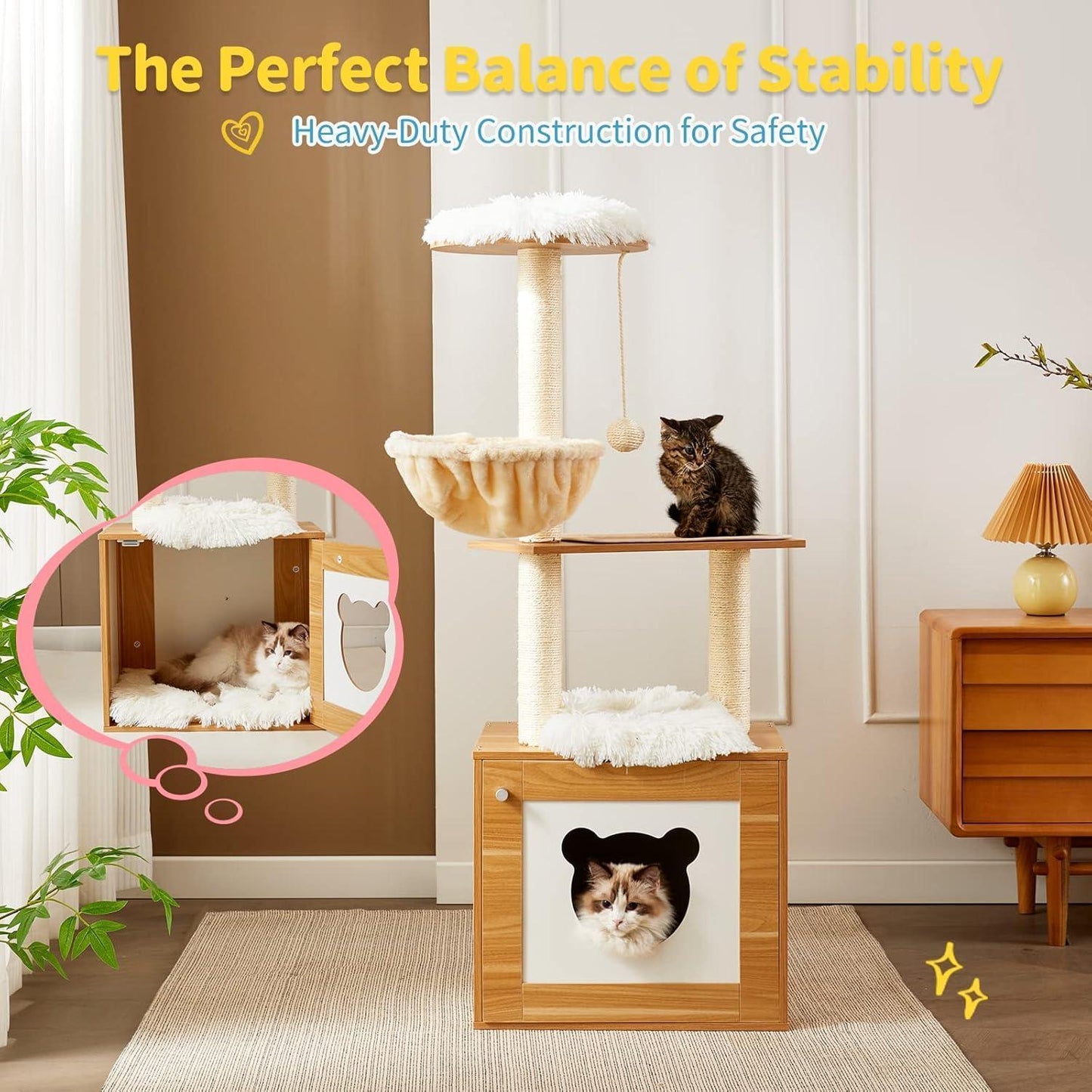 US Local Solid Wood Cat Tree And Tower With Litter Box, Cat Scratching Board And Hammock For Indoor Large Cats