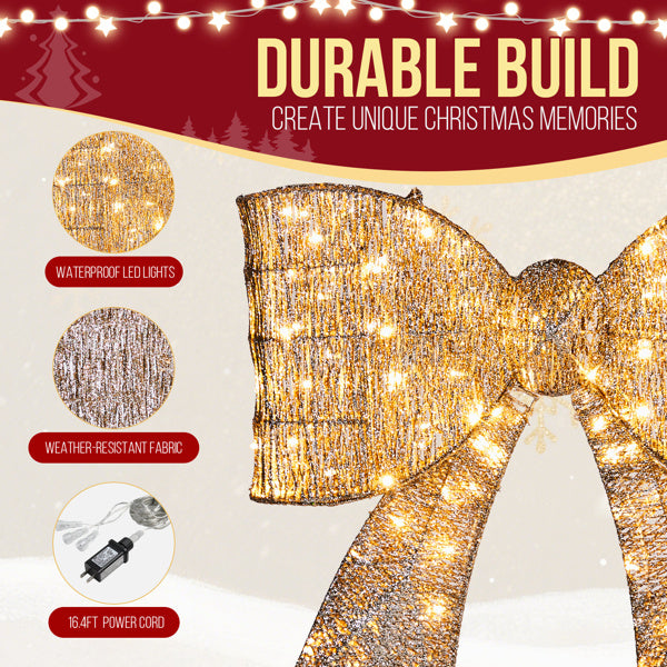 US Local Pre-lit Outdoor Giant Bowknot Christmas Decoration, Lighted Metal Frame With 124 Warm White LED Lights, For Front Door Gate Wall Indoor Outdoor Holiday Party, Golden