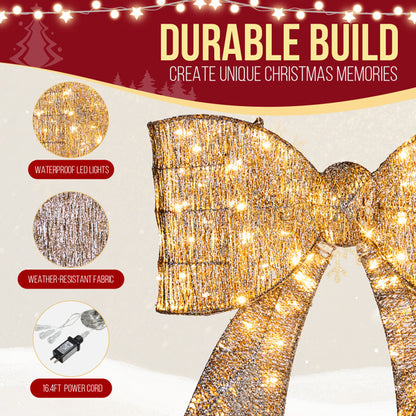 US Local Pre-lit Outdoor Giant Bowknot Christmas Decoration, Lighted Metal Frame With 124 Warm White LED Lights, For Front Door Gate Wall Indoor Outdoor Holiday Party, Golden