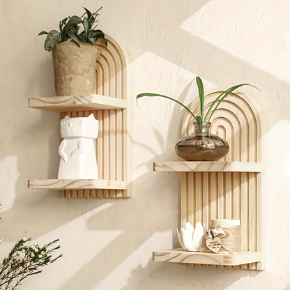 US Local 2 Wooden Double Wall Shelves - Simple Faux Wood Curved Shelves With Decorative Tops, Space-saving For Storing Plants, Books And Decorations - Versatile Wall-mounted Organizers For Your Living Room