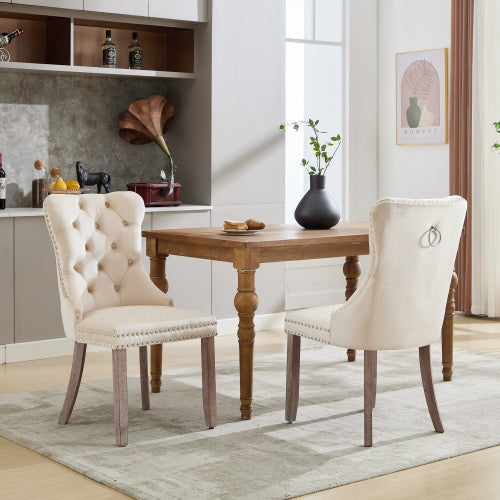 UK Local Modern Set Of 2 Upholstered Velvet Dining Chairs, Button Tufted Kitchen Lounge Chairs With Brushed Wood Legs, Riveted Trim And Knocker Ring, For Dining Room Living Room