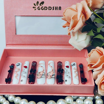 US Local GGddsha Long Handmade PMMA Acrylic Press On Nails WithRhinestone Snake Rose Design, Dark Bear Nails,Reusable Fake Nails W Box, Gift For Women,Scarlet Serpentine