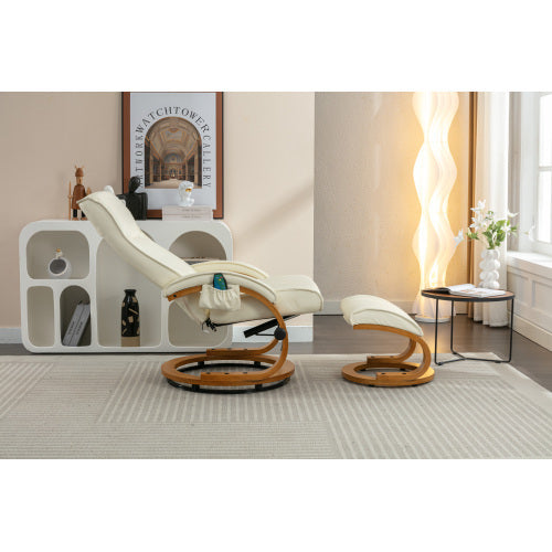 UK Local PU Upholstered Massage Recliner With Ottoman Footstool, 5 Points Massager, Bentwood Base For Living Room Bedroom, Beige