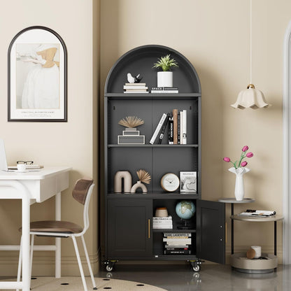 US Local Metal Arched Bookcase With Wheels, Modern Freestanding Black Arch Storage Cabinets For Home Office Bookshelf Living Room