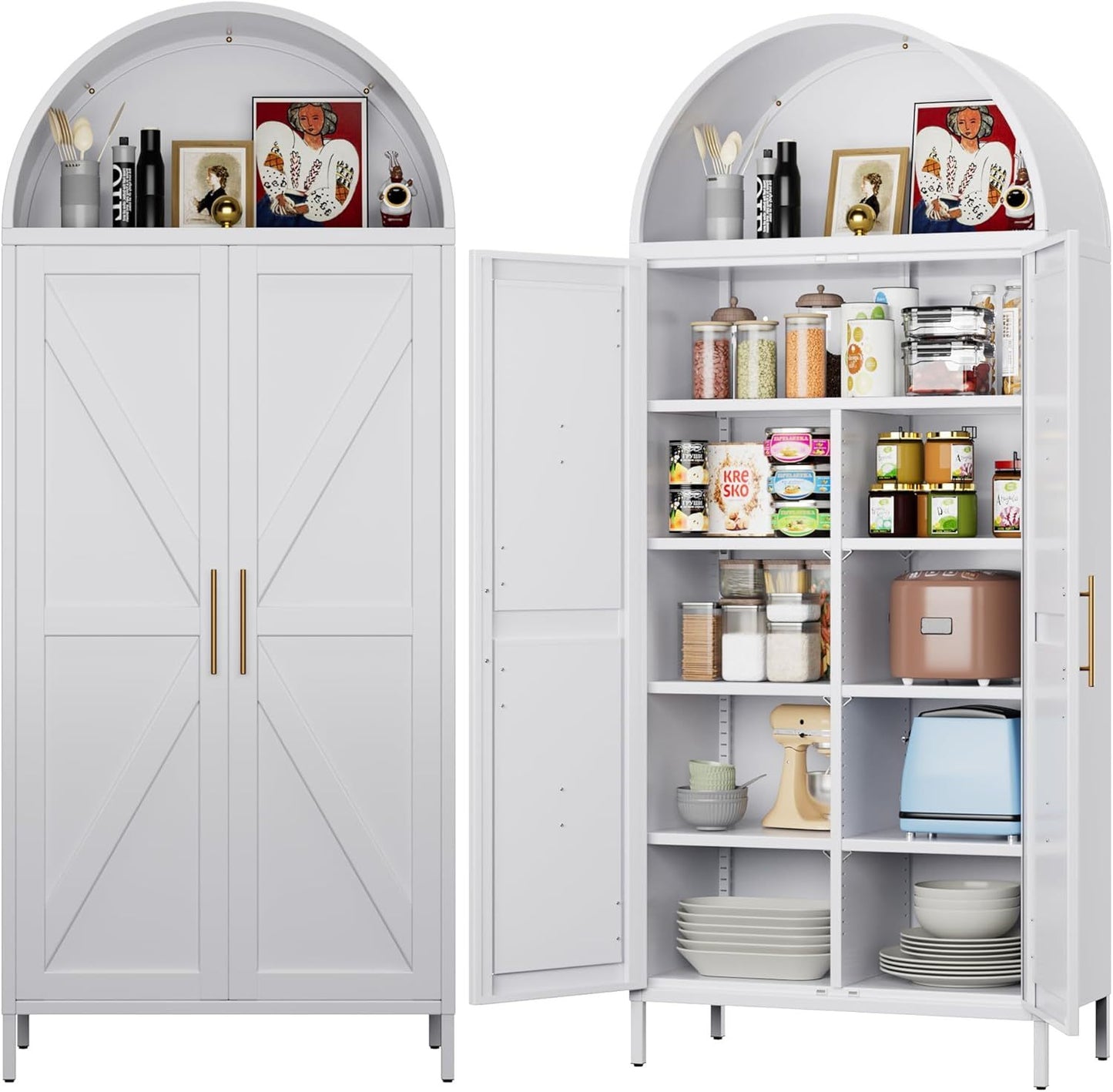 US Local Tall Kitchen Pantry Cabinet, Arched Storage Cabinet With Doors And Adjustable Shelves, White Freestanding Cupboard For Laundry, Dining Room, Living Room, Bathroom