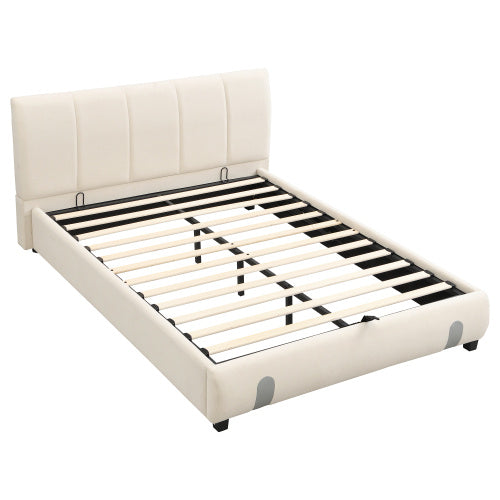 UK Local Upholstered Hydraulic Bed, For Adults And Teenagers, 4ft6 Double Bed 135x190cm, Under-bed Storage Space, Soft Headboard, MDF  Velvet  Plywood, White