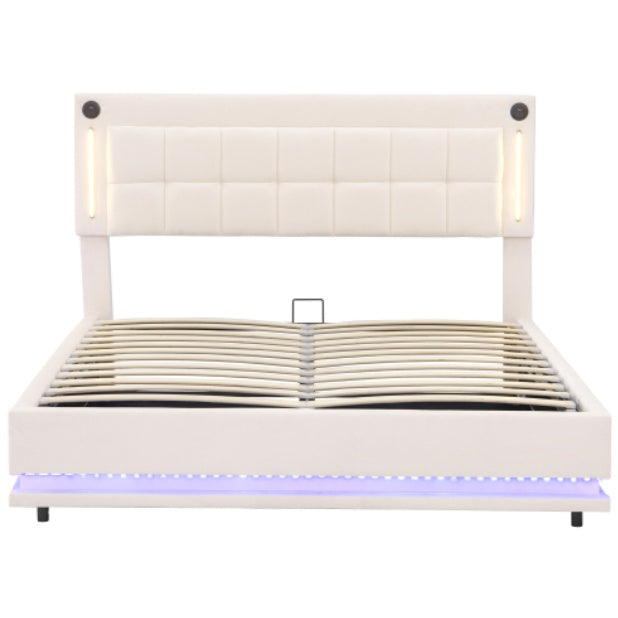 UK Local 5ft King LED Hydraulic Bed With Charging Station, Adjustable Square Tufted Headboard With Intelligent Control Light, Soft Velvet Bed Frame With USB And Type - C Ports, Beige