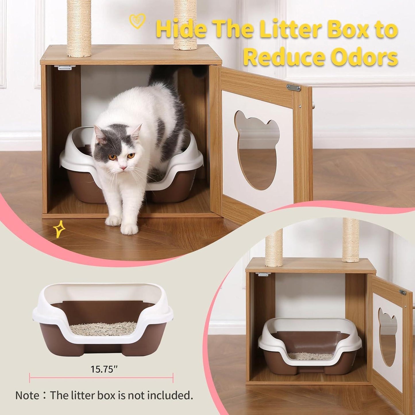 US Local Solid Wood Cat Tree And Tower With Litter Box, Cat Scratching Board And Hammock For Indoor Large Cats