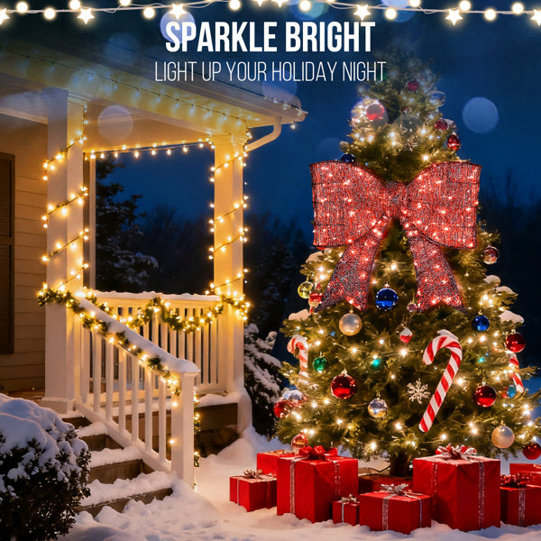 US Local Pre-lit Outdoor Giant Bowknot Christmas Decoration, Lighted Metal Frame With 124 Warm White LED Lights, For Front Door Gate Wall Indoor Outdoor Holiday Party, Red