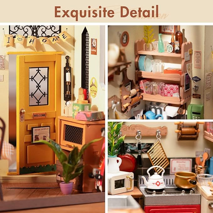 US Local ROBOTIME Rolife Happy Kitchen Dollhouse Minature House DIY Wooden Puzzle With LED Light DG159