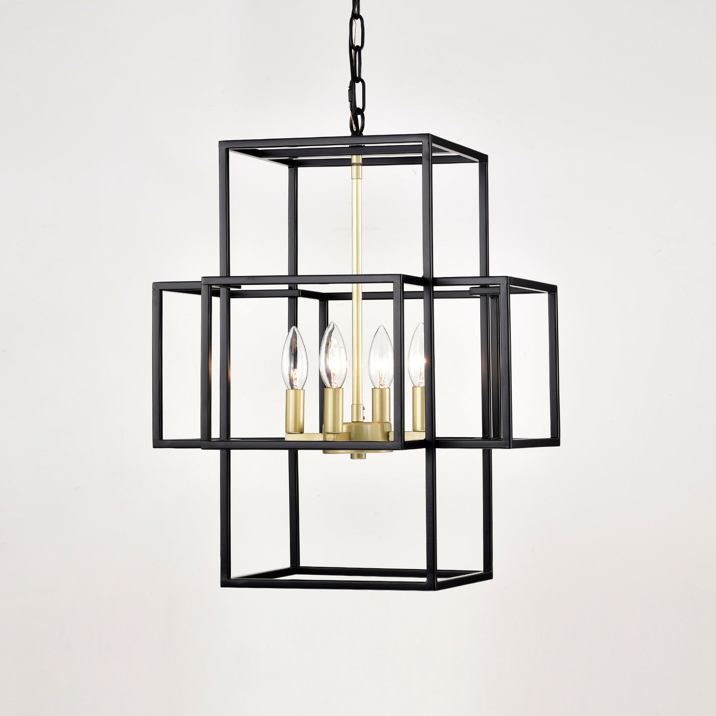 US Local 4-Light Metal Lantern Tiered Pendant Hanging Light Fixtures, Industrial Farmhouse Adjustable Height Chandeliers For Dining Room Hallway Foyer Entryway--Matte Black & Gold