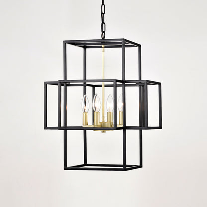 US Local 4-Light Metal Lantern Tiered Pendant Hanging Light Fixtures, Industrial Farmhouse Adjustable Height Chandeliers For Dining Room Hallway Foyer Entryway--Matte Black & Gold