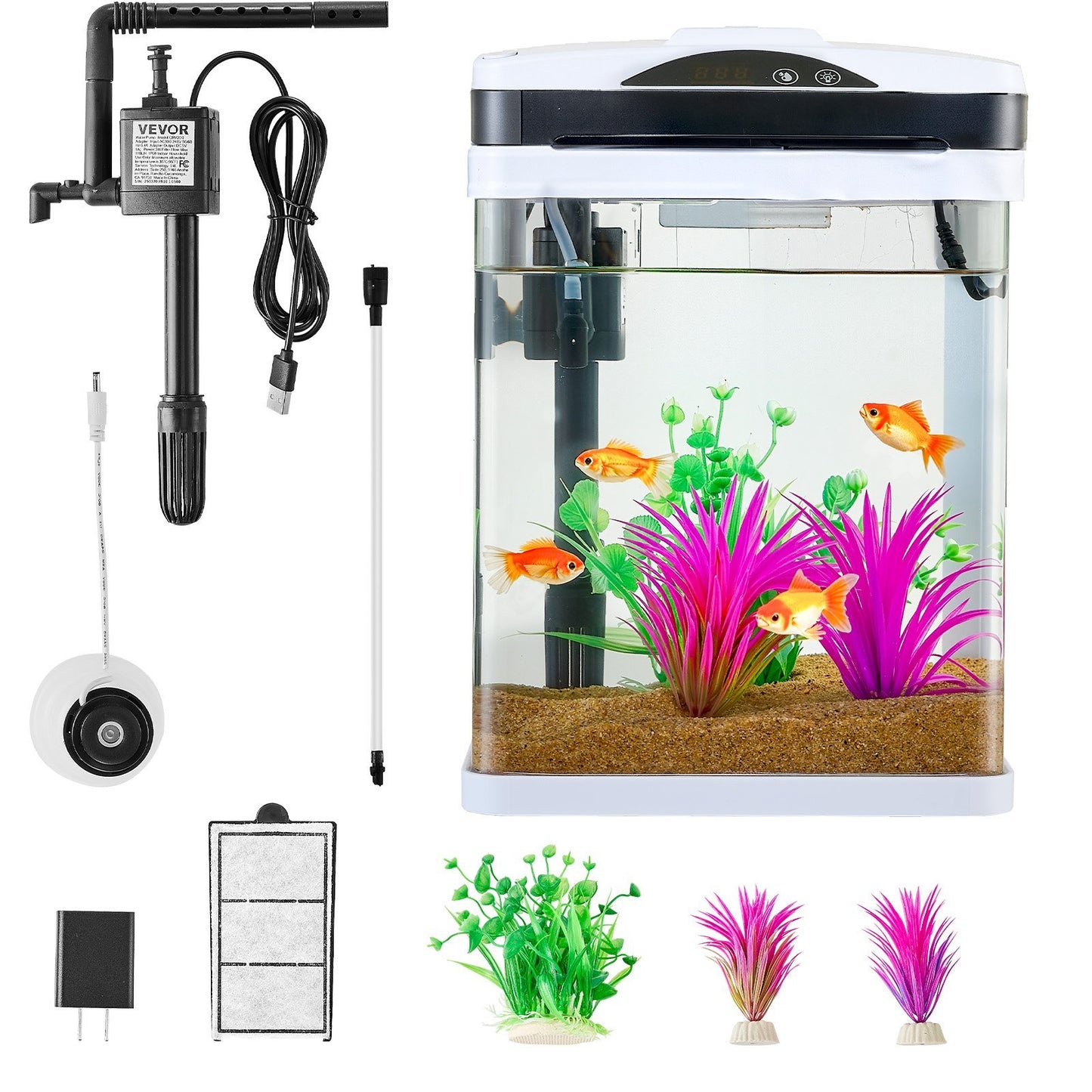 US Local 2 Gallon Fish Tank Aquarium LED Smart Square Clear Glass 7 Color Self Cleaning