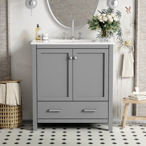 US Local 30  Gray Bathroom Vanity With Single Sink, Combo Cabinet Undermount Sink, Bathroom Storage Cabinet With 2 Doors And A Drawer, Soft Closing, Multifunctional Storage, Solid Wood Frame
