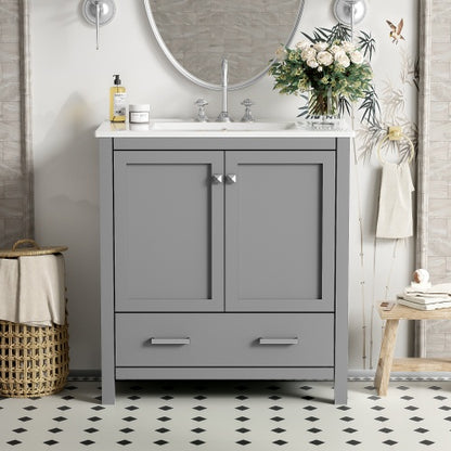 US Local 30  Gray Bathroom Vanity With Single Sink, Combo Cabinet Undermount Sink, Bathroom Storage Cabinet With 2 Doors And A Drawer, Soft Closing, Multifunctional Storage, Solid Wood Frame
