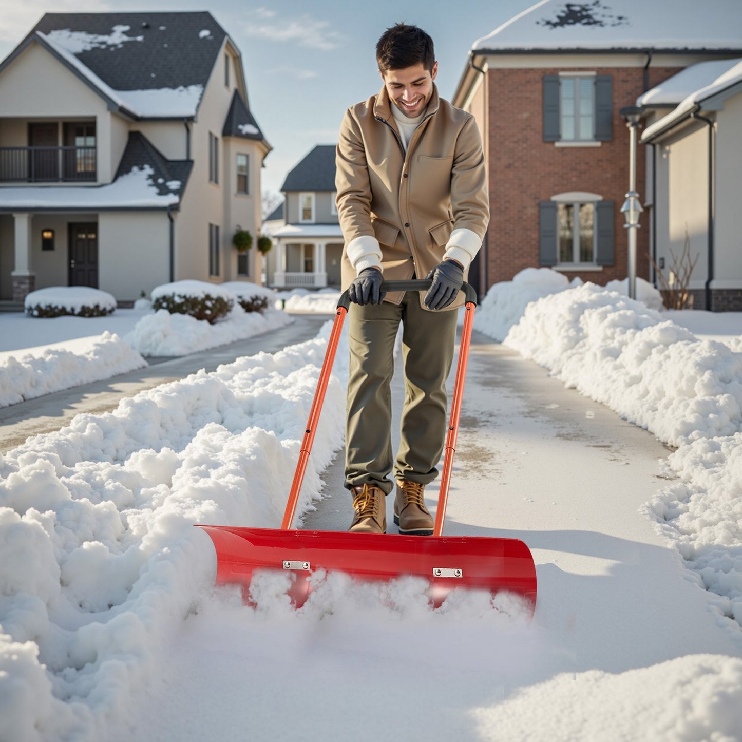US Local Snow Pusher Shovel With Wheels 37.8 In Plastic Winter Snow Plow For Driveway