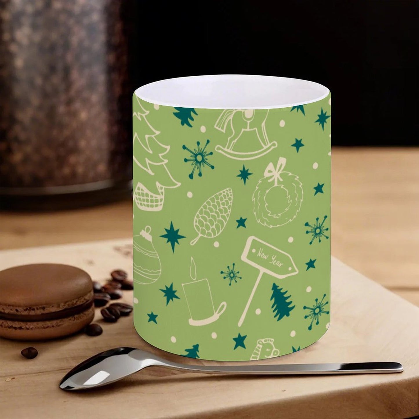 POD US Local White mug with full print, Christmas Trees, New Year, Trojans, Pinecones 0084