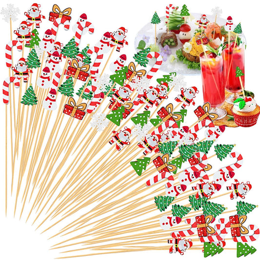 US Local Christmas Cocktail Pick Xmas Tree Snowflake Snowman Santa Claus Reindeer Pattern Sticks Cupcake Fruit Food Appetizer Skewers 4.9 In Bamboo Toothpicks For Christmas Holiday Party Favor Supplies