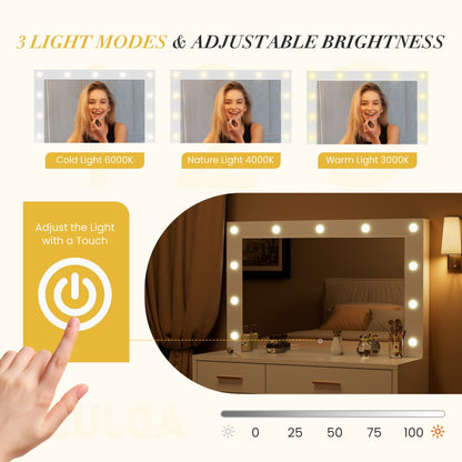 US Local Mirror And Lights, Makeup Vanity Table With Charging Station , 2 Drawers & Large Cabinet, 3 Lighting Color Adjustable, Dressing Table