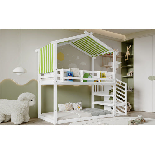 UK Local Bunk Bed, Teen Bed, Children's Bed, 3ft 90x190cm, MDF  Pinewood  Plywood, Decorative Canopy, Corner Staircase, With A Small Picture Bookshelf, White  Green