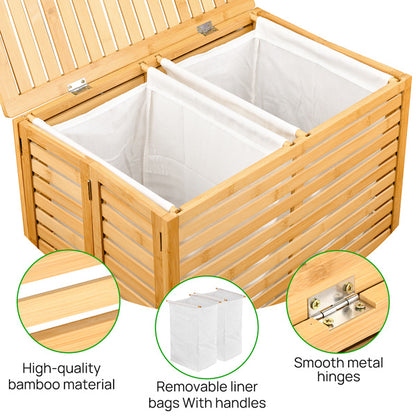 US Local Bamboo Laundry Basket With Lid - Foldable Laundry Basket With 2 Sections Of Removable Lined Pockets For Bathroom, Bedroom And Laundry