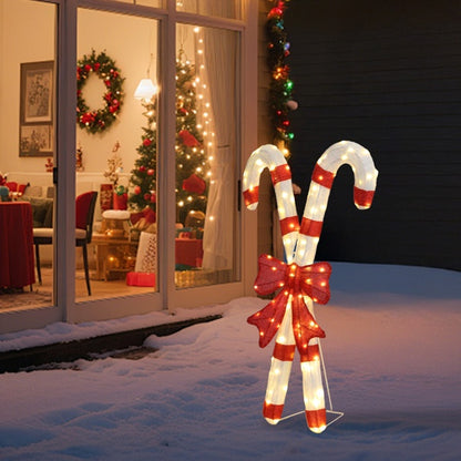 US Local Lighted Candy Cane And Red Bowknot Christmas Decorations, Pre-lit 2D Holiday Decor With 100 Warm White LED Lights For Xmas Outdoor Indoor Decor Lighted Holiday Displays