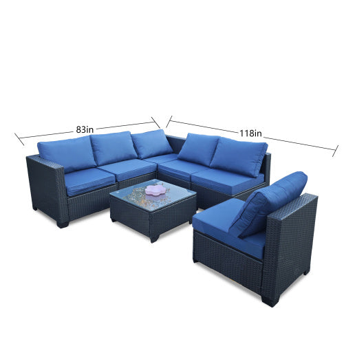 US Local Seven-Piece Sofa Set Table With Sofa Chair Black PE Rattan Outdoor Furniture 7-JH001 Box 3-1-2-3 With Blue Color Cushion