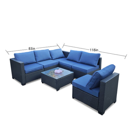 US Local Seven-Piece Sofa Set Table With Sofa Chair Black PE Rattan Outdoor Furniture 7-JH001 Box 3-1-2-3 With Blue Color Cushion