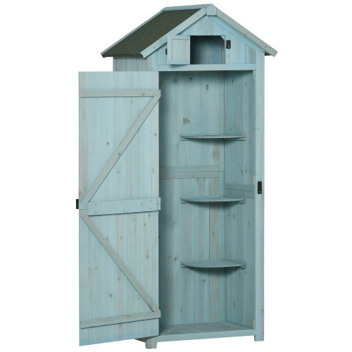 UK Local Outsunny Garden Shed Vertical Utility 3 Shelves Shed Wood Outdoor Garden Tool Storage Unit Storage Cabinet, 77 X 54.2 X 179cm - Blue