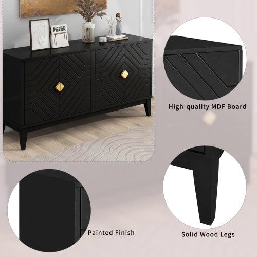 US Local 4-door Sideboard Storage Cabinet For Living And Dining Room, Two Large Cabinets With Gold Handle And Adjustable Shelves, Black