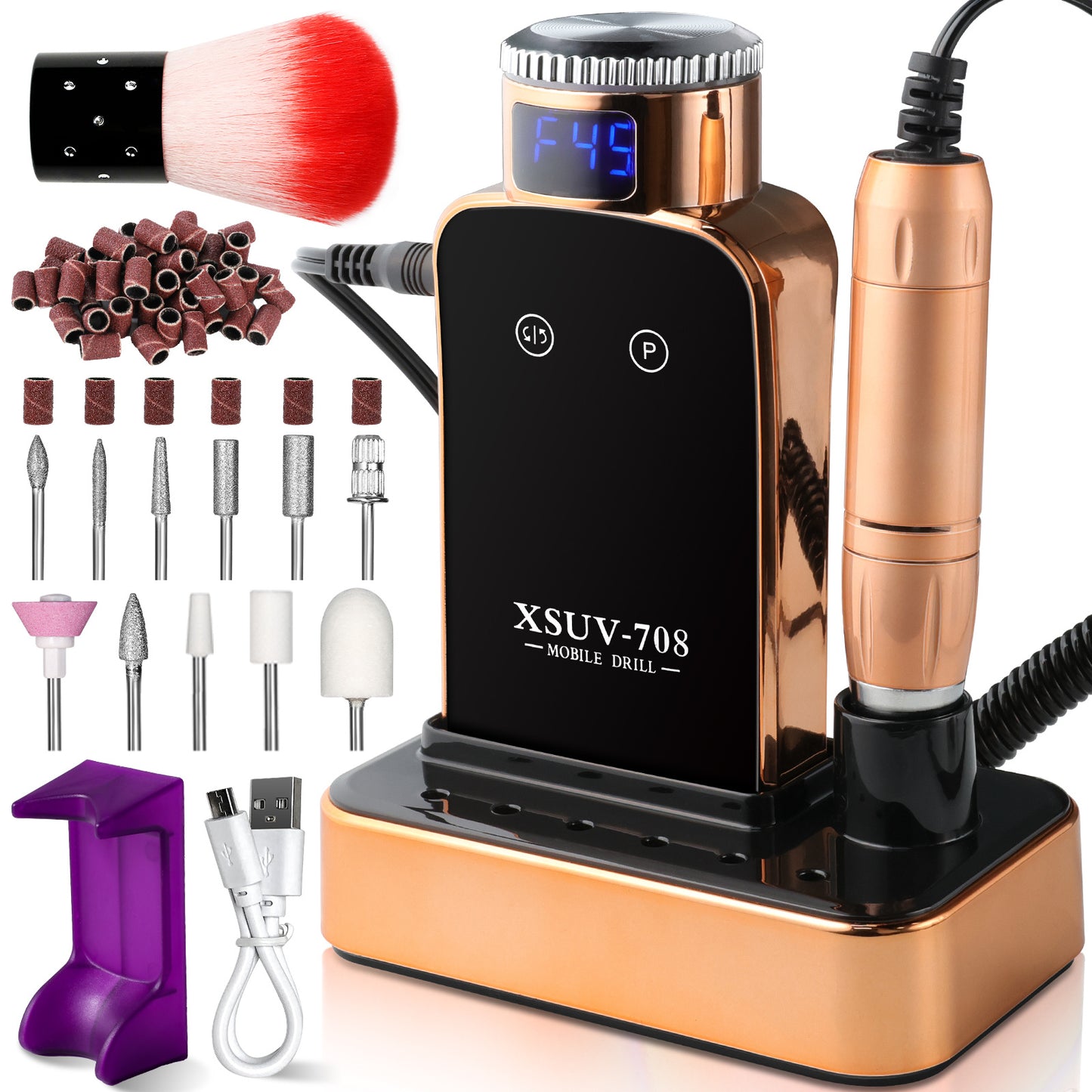 US Local Professional Electric Nail Drill, 45000 RPM Cordless Rechargeable E-File Machine, With 12 Bits, Sanding Bands, LCD Display For Acrylic Gel Nails