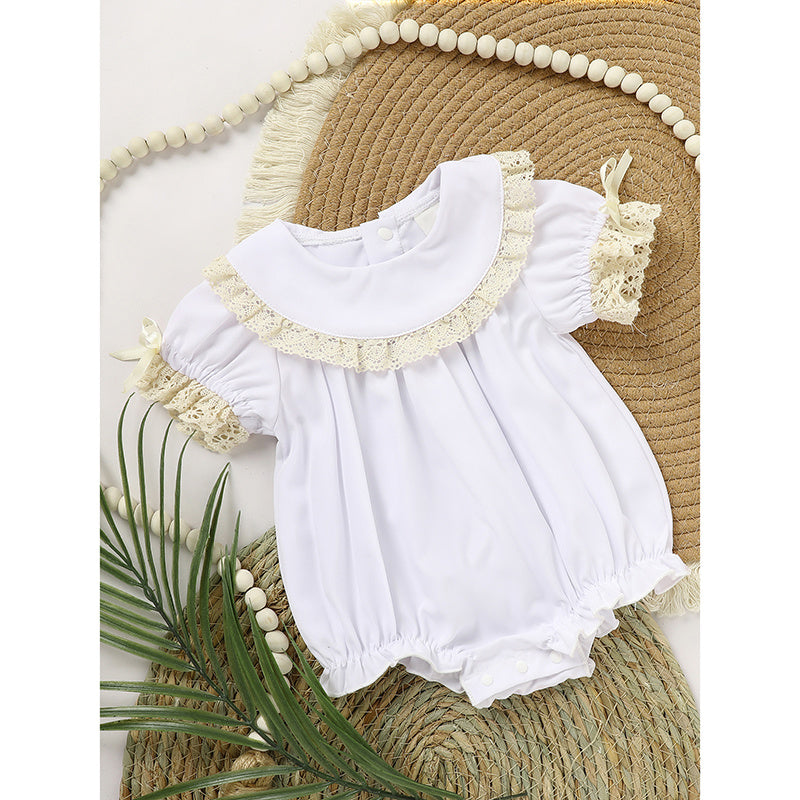 US Local Baby Girl White Lace Romper Soft & Stylish Short Sleeve Bubble Jumpsuit For Wedding Season & Summer