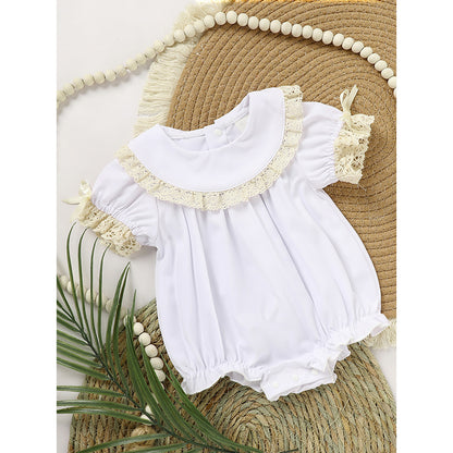 US Local Baby Girl White Lace Romper Soft & Stylish Short Sleeve Bubble Jumpsuit For Wedding Season & Summer