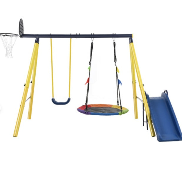 UK Local Kids Swing Set With Metal Frame, Nest Tree Swing, Plastic Single Swing, Basketball Hoop, Slide,  Playground Outdoor Play Frame Toy For Children, Over 3 Years Old, Yellow