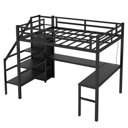 US Local Twin XL Size Loft Bed With L-shaped Desk And USB, Metal Loft Bed With Wardrobe And Adjustable Shelf, High Loft Bed With LED For Kids Teens Adults, Black
