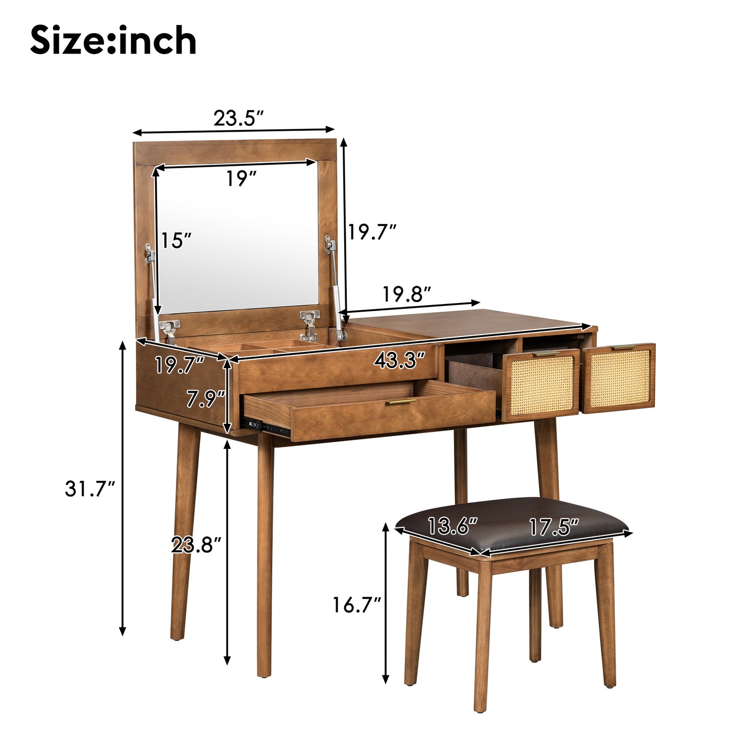 US Local 43.3 Inches, Classic Wooden Makeup Vanity Set