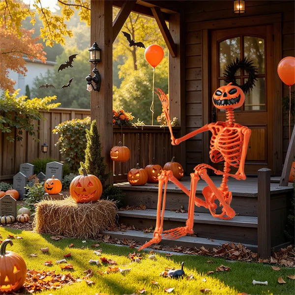 5.5ft Life-Size Halloween Skeleton With Pumpkin Head - Orange Color, Fully Poseable Joints Jaw Shoulders Knees , PP PE Material