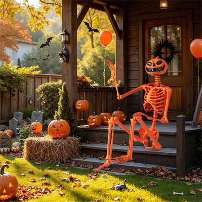 US Local 5.5ft Life-Size Halloween Skeleton With Pumpkin Head - Orange Color, Fully Poseable Joints Jaw Shoulders Knees , PP PE Material