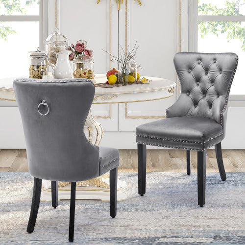 UK Local Elvet Dining Chairs Set Of 2 ,4, 6 With OAK Legs, Button, Chrome Knocker And Nailhead Trim Bedroom Chair Kitchen Chair Living Room Lounge Leisure Chair Grey, 2pcs,4pcs,6pcs