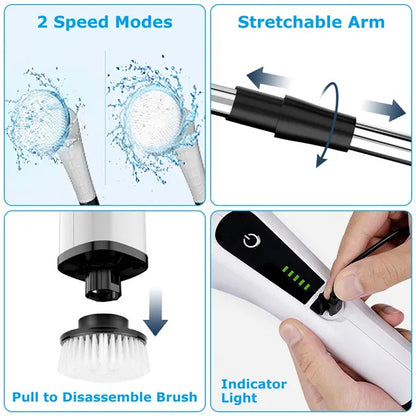 US Local Electric Spin Scrubber Cordless Cleaning Brush Extendable With 8 Replaceable Heads 2 Speed Adjustable Extension Arm Bathroom Tub Tile Floor