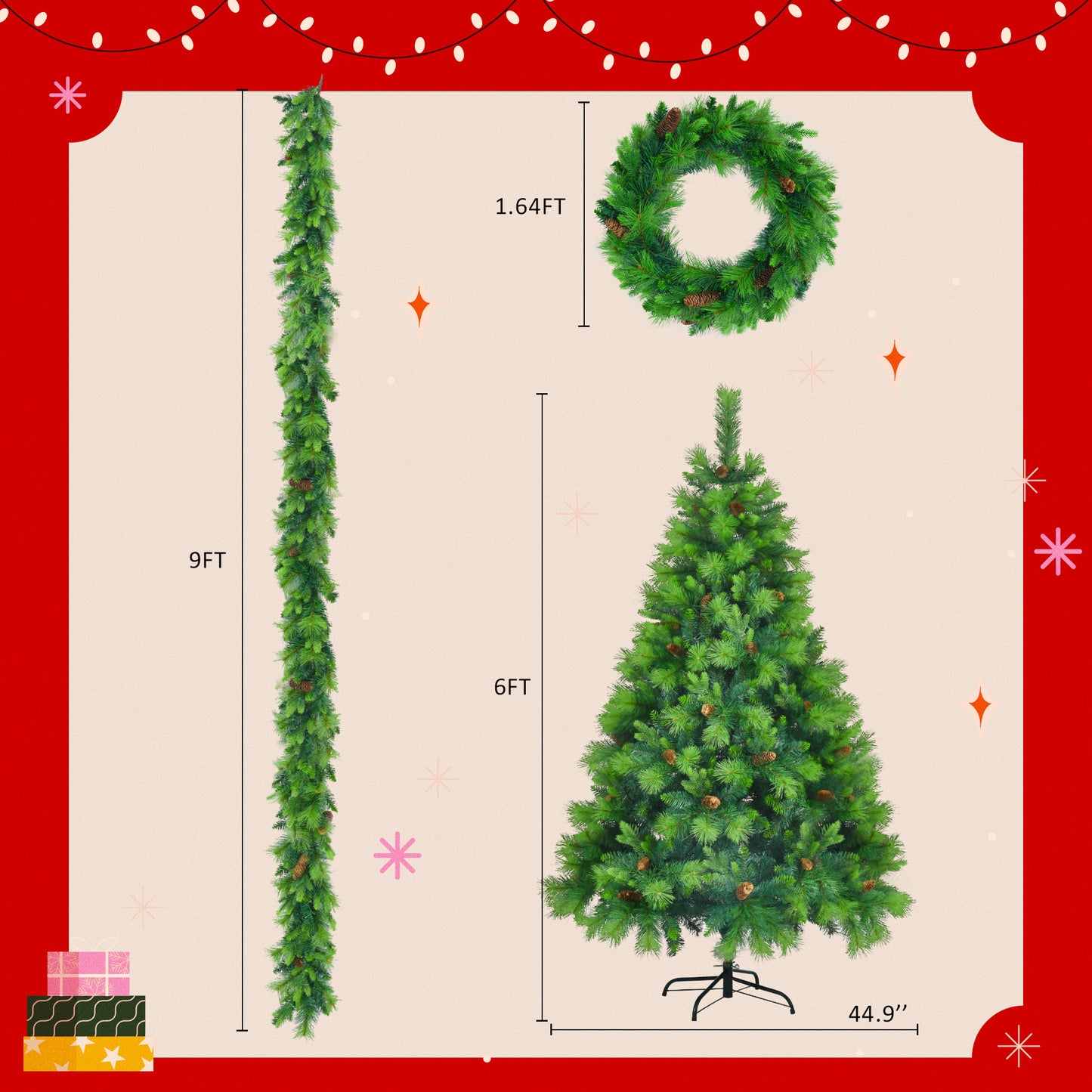 US Local 6 Ft Long Grass Green Christmas Tree, Big Branch Pine Tree, Pre-Installed Lighting Set With Tree & Garland & Garland, Artificial Christmas With Pine Cone, Articulated Christmas Tree For Holiday Part