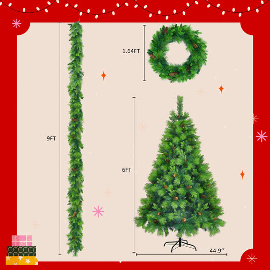 US Local 6 Ft Long Grass Green Christmas Tree, Big Branch Pine Tree, Pre-Installed Lighting Set With Tree & Garland & Garland, Artificial Christmas With Pine Cone, Articulated Christmas Tree For Holiday Part