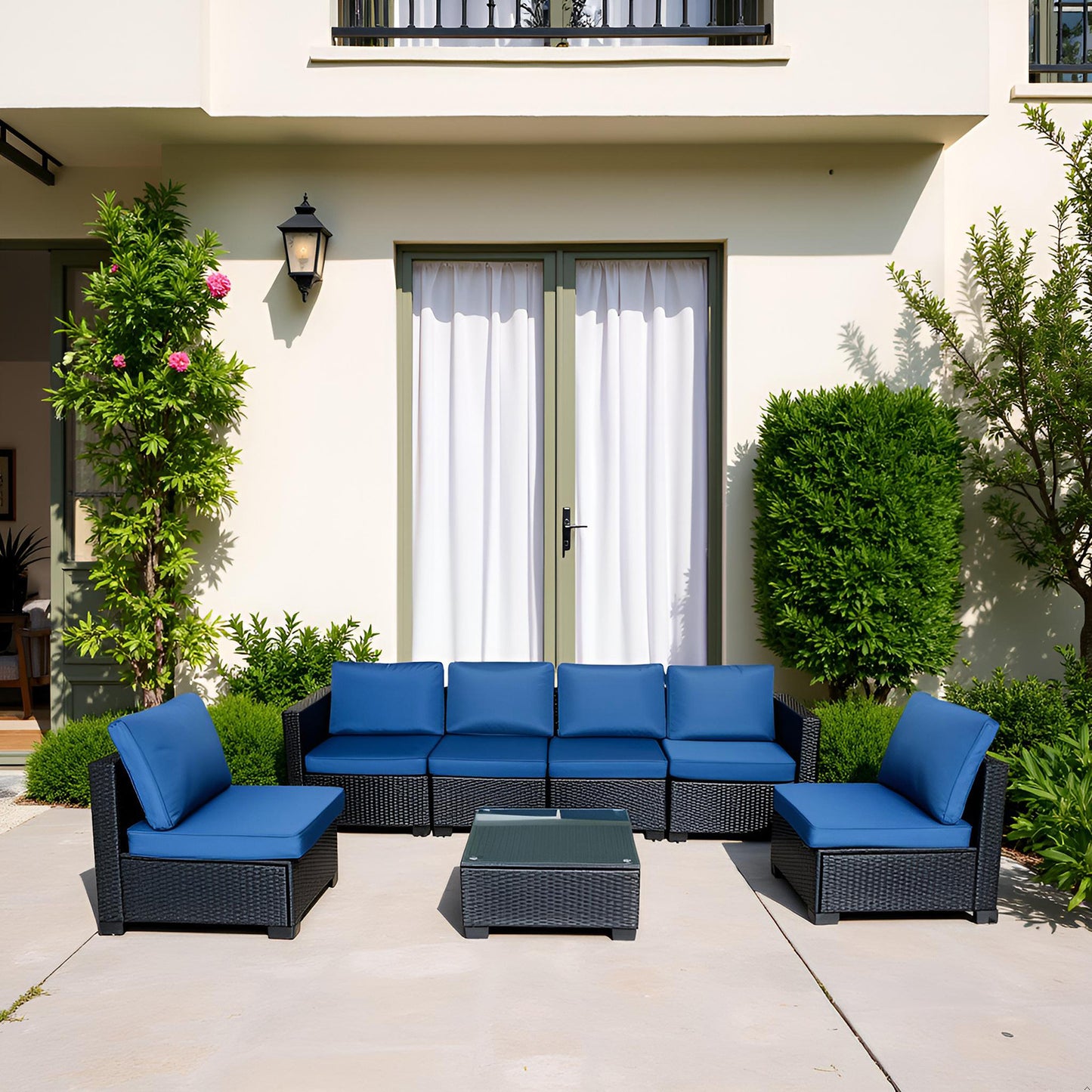 US Local Seven-Piece Sofa Set Table With Sofa Chair Black PE Rattan Outdoor Furniture 7-JH001 Box 3-1-2-3 With Blue Color Cushion