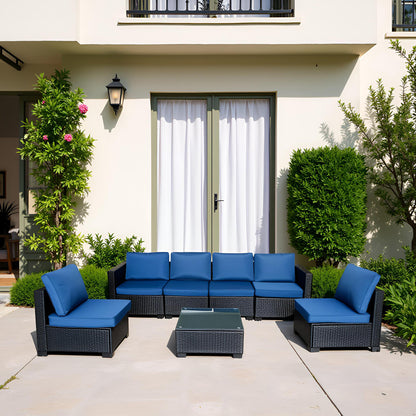 US Local Seven-Piece Sofa Set Table With Sofa Chair Black PE Rattan Outdoor Furniture 7-JH001 Box 3-1-2-3 With Blue Color Cushion