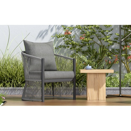 US Local Modern Gray Curved Aluminum Lounge Chair With Stylish Rope-Weave Design And Cushioned Comfort, Perfect For Outdoor Living