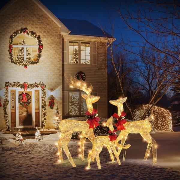 US Local 3pcs122x54x38cm Golden Elk Family Courtyard Elk Decoration