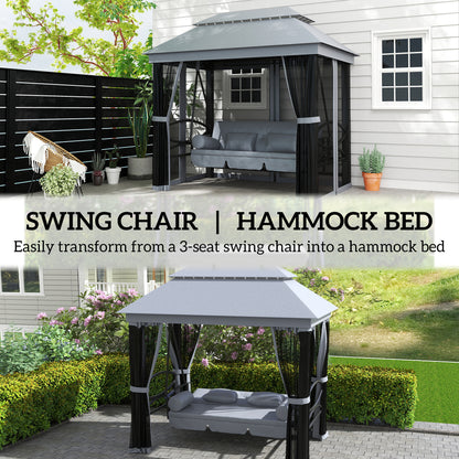 US Local 3-Seat Patio Swing Chair, Outdoor Gazebo Swing With Double Tier Canopy, Mesh Sidewalls, Cushioned Seat And Pillows, Gray
