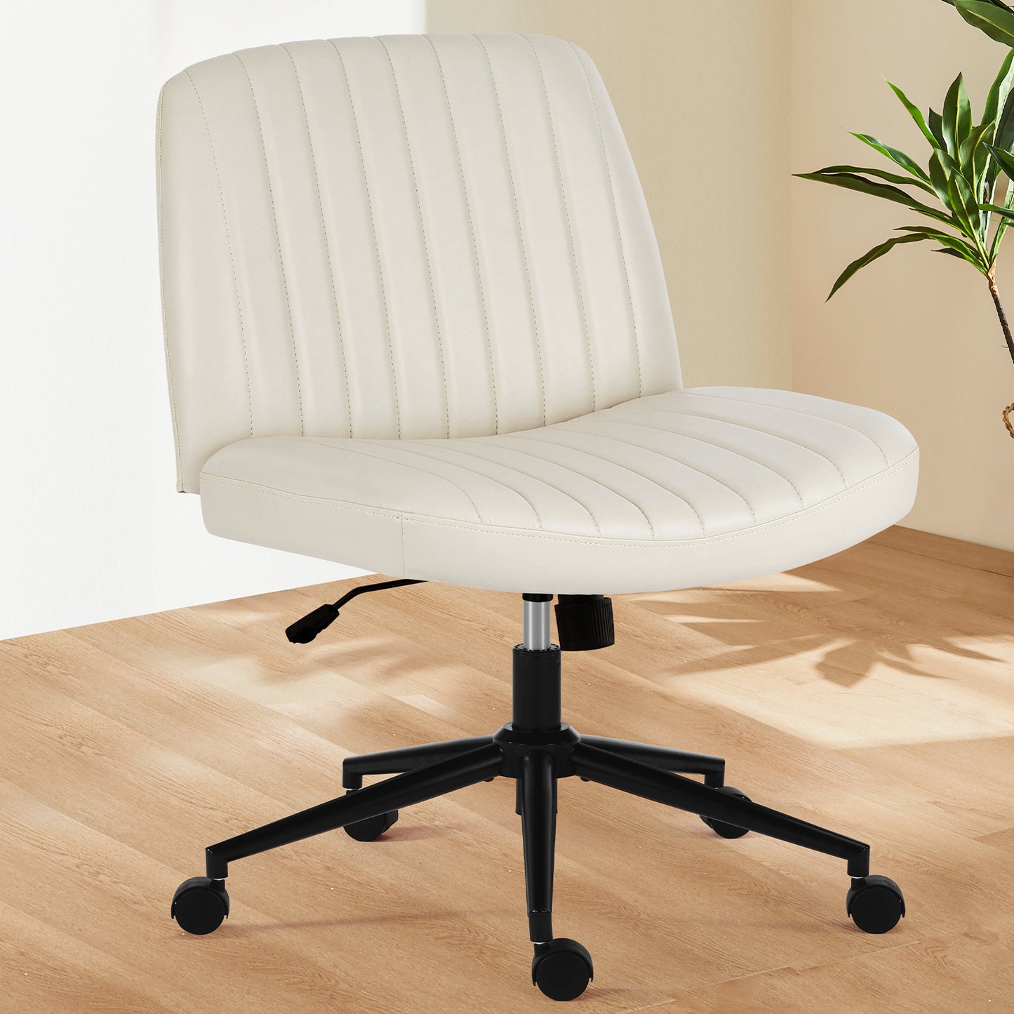US Local Office Desk Vanity Chair Cross Legged Armless Swivel Fabric Height Adjustable Wide Seat With Replaceable Wheels-Fixed Base, Comfy Task Chair Padded